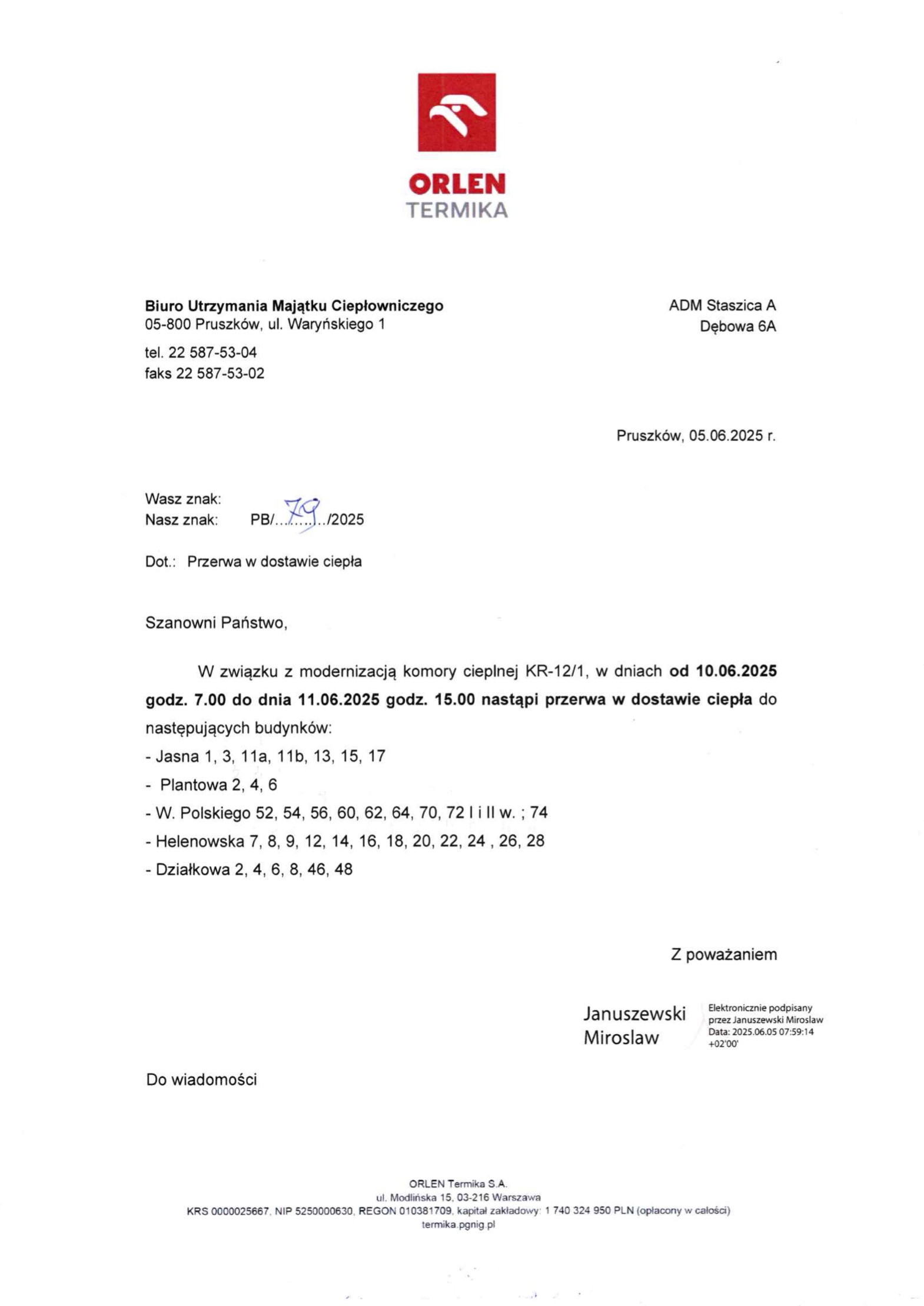 Informacja o wyłączeniu ciepłej wody